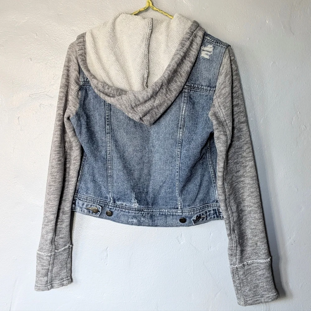 Free People Knit Sleeve Cropped Scouter Rumors Denim Hoodie Jacket - Picture 4 of 4